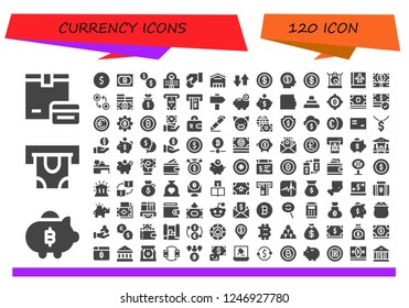 Vector icons pack of 120 filled currency icons. Simple modern icons about  - Payment, Piggy bank, Atm, Coin, Money, Coins, Casino, Supermarket, Transfer, Gong, Passbook, Currency