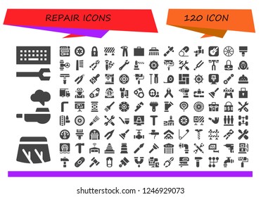 Vector icons pack of 120 filled repair icons. Simple modern icons about  - Configuration, Windshield, Pipe, Repair, Wheels, Padlock, Barrier, Pliers, Toolbox, Brush, Hammer, Safety pin