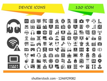 Vector icons pack of 120 filled device icons. Simple modern icons about  - Headphones, Old computer, Wifi, Socket, Recorder, Computer, Blood pressure, Database, Call center, Smartwatch