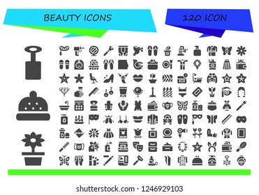 Vector icons pack of 120 filled beauty icons. Simple modern icons about  - Mirror, Flower, Bonnet, Eye mask, Particle gun, Makeup, Leggings, Dove, Sandals, Removed, Polisher, Soap