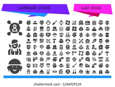 Vector icons pack of 120 filled worker icons. Simple modern icons about  - User, Avatar, Croupier, Hat, Man, Helmet, Scraper, Manipulator, Teamwork, Warehouse, Identification
