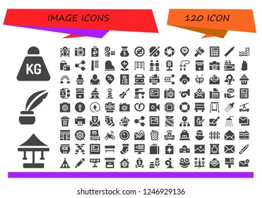 Vector icons pack of 120 filled image icons. Simple modern icons about  - Weight, Swing, Inkwell, Rocket ship, Photo camera, Battery, Camcorder, Bag, No food, Palette, Camera