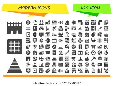 Vector icons pack of 120 filled modern icons. Simple modern icons about  - Bridge, Pyramid, Grid, Earth grid, Desk lamp, Map, Card, Volume, Email, Sun, Responsive, Calendar, Settings