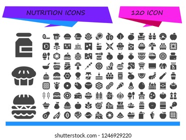 Vector icons pack of 120 filled nutrition icons. Simple modern icons about  - Milk, Burger, Pie, Measuring tape, Sandwich, Muffin, Dragon fruit, Coconut, Apple, Lettuce, Orange