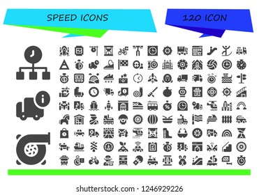 Vector icons pack of 120 filled speed icons. Simple modern icons about  - Time, Turbo, Delivery, Rocket ship, Watch, Clock, Hourglass, Bicycle, Handlebar, Wheel, Truck, Traffic