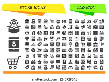 Vector icons pack of 120 filled store icons. Simple modern icons about  - Package, Shopping cart, Online shop, Store, Weight, Locker, Trolley, Mortar, Candy shop, Cash register