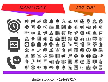 Vector icons pack of 120 filled alarm icons. Simple modern icons about  - Alarm clock, Emergency call, Watch, Megaphone, Loudspeaker, Warning, Bell, Notification, Bodyguard, Alert