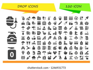Vector icons pack of 120 filled drop icons. Simple modern icons about  - Dropper, Gel, Paint spray, Pump jack, Umbrella, Fuel, Tampon, Spray paint, Soap, Champagne, Shower, Cartridge