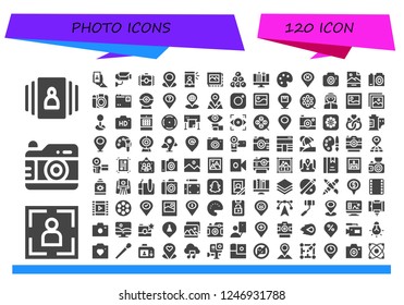 Vector icons pack of 120 filled photo icons. Simple modern icons about  - Gallery, Portrait, Photo camera, Selfie, Surveillance, Camera, Placeholder, Image, Round shot, Graphic design