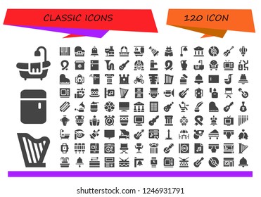Vector icons pack of 120 filled classic icons. Simple modern icons about  - Bathtub, Harp, Fridge, Piano, Bell, Wine bottle, Balcony, Suspenders, Museum, Vinyl, Violin, Lantern