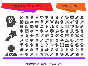 Vector icons pack of 120 filled creativity icons. Simple modern icons about  - Mind, Psychology, Magic wand, Idea, Pencil, Paint brush, Brainstorming, Brush, Initiative, Art, Creativity