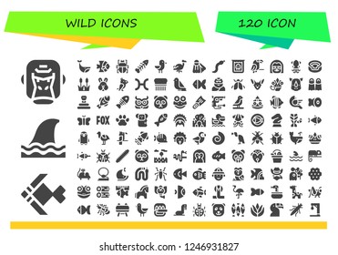 Vector icons pack of 120 filled wild icons. Simple modern icons about  - Gorilla, Fish, Shark, Whale, Fleas, Fishbone, Seagull, Flamingo, Fins, Snake, Creature, Parrot, Sloth