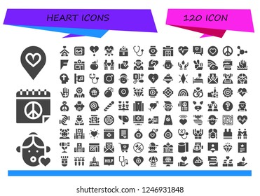 Vector icons pack of 120 filled heart icons. Simple modern icons about  - Favorite, Girl, Peace, Shelter, Electrocardiogram, Heart, Donation, Stethoscope, Smartwatch, Gym, Heartbeat