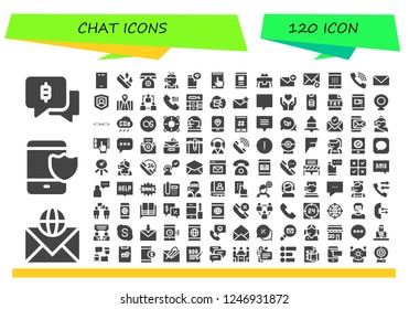 Vector icons pack of 120 filled chat icons. Simple modern icons about  - Chat, Email, Smartphone, Phone call, Phone, Call center, Robot, Call, Social, Network, Blog, Emotion, Text