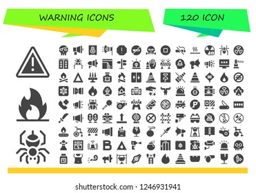 Vector icons pack of 120 filled warning icons. Simple modern icons about  - Warning, Spider, Fire, Skull, Megaphone, Loudspeaker, Spam, No smoking, Stop, Hot, Alert, Radioactive