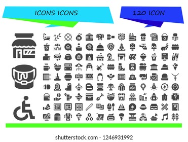 Vector icons pack of 120 filled icons icons. Simple modern icons about  - Store, Disability, Paint bucket, Bathtub, Shrimp, Hamster ball, Virus, Carousel, Ninja, Competition, Barcelona