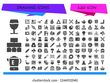 Vector icons pack of 120 filled drawing icons. Simple modern icons about  - Champagne, Blender, Flow chart, Layout, Meow, Swings, Bird, Pencil case, Fire, Tie, Pencil, Whiskey
