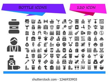Vector icons pack of 120 filled bottle icons. Simple modern icons about  - Mouthwash, Rum, Bartender, Injection, Picnic, Bars, Cocktail, Reservoir, Pills, Tequila, Food, Drop