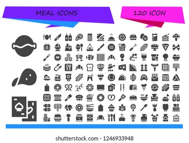 Vector icons pack of 120 filled meal icons. Simple modern icons about  - Soup, Chips, Snack, Cutlery, Knife, Sauces, Meat, Churros, Salver, Meal, Pie, Boiled egg, Kebab, Grinder