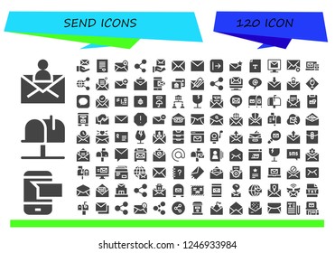 Vector icons pack of 120 filled send icons. Simple modern icons about  - Mail, Sms, Mailbox, Email, Love letter, Share, Send, Text, Message, Postal, Arroba, Fragile, Envelope