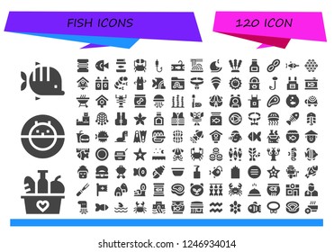 Vector icons pack of 120 filled fish icons. Simple modern icons about  - Fish, Food, Hamster ball, Fishing line, Fish food, Crab, Fishing rod, Tuna, Spaghetti, Whale, Seaweed