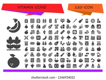 Vector icons pack of 120 filled vitamin icons. Simple modern icons about  - Banana, Orange, Wheat, Vitamins, Drugs, Lemonade, Powder, Medicine, Recipe book, Tangerine, Vegetables