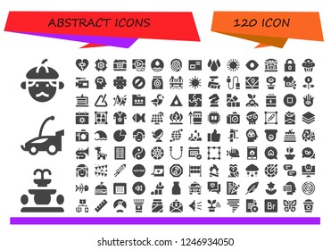 Vector Icons Pack Of 120 Filled Abstract Icons. Simple Modern Icons About  - Man, Fountain, Car, Heart, Cpu, Camera, Mp, Water, Fingerprint, Letter, Drop, Sun, View, Library, Lock