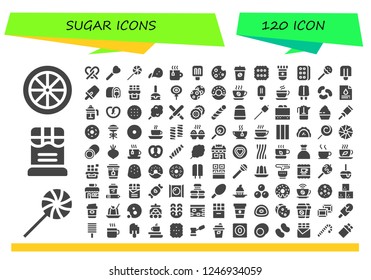 Vector icons pack of 120 filled sugar icons. Simple modern icons about  - Candy, Sweet, Chocolate, Pretzel, Lollipop, Snack, Tea, Popsicle, Cookie, Coffee, Biscuit, Blood test