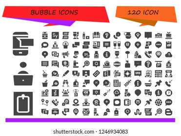 Vector icons pack of 120 filled bubble icons. Simple modern icons about  - Sms, Bath, Blogger, Antiseptic, Story, Chat, Champagne, Marker, Language, Question mark, Information