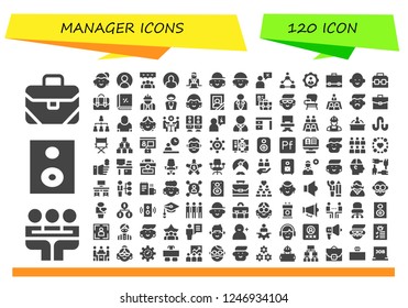 Vector icons pack of 120 filled manager icons. Simple modern icons about  - Briefcase, Meeting, Speaker, Avatar, User, Teamwork, Worker, Salesman, Case, Account, Manager, Portrait