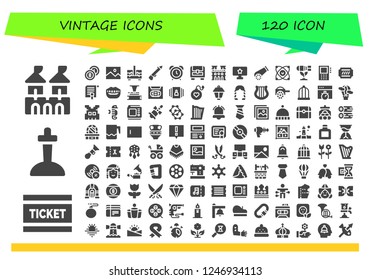 Vector icons pack of 120 filled vintage icons. Simple modern icons about  - Fortress, Ticket, Excalibur, Billiards, Picture, Sewing box, Spear, Alarm clock, Chest, Notre dame