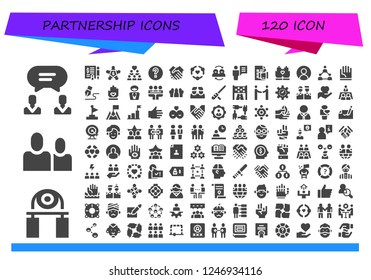 Vector icons pack of 120 filled partnership icons. Simple modern icons about  - Agreement, Handgrip, Friends, Meeting, Group, Help, Shake hands, Friendship, User, Discussion, Hands