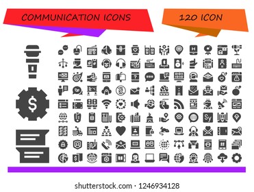 Vector icons pack of 120 filled communication icons. Simple modern icons about  - Microphone, Chat, Gear, Mouse, Radio, Avatar, Mail, Smartwatch, Walkie talkies, Meeting, Pin