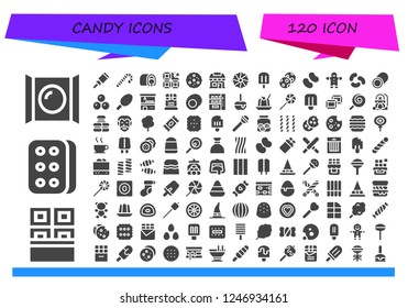 Vector icons pack of 120 filled candy icons. Simple modern icons about  - Candy, Chocolate, Biscuit, Candy cane, Snack cake, Cookie, Candy shop, Popsicle, Cookies, Gingerbread
