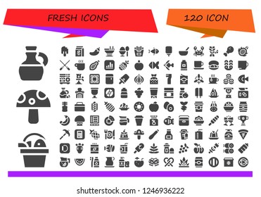 Vector icons pack of 120 filled fresh icons. Simple modern icons about  - Olive oil, Fish, Mushroom, Popsicle, Beans, Chili, Custard, Boiled egg, French fries, Water dispenser