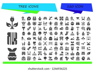 Vector icons pack of 120 filled tree icons. Simple modern icons about  - Green energy, Plant, Wood, Landscape, Winter, Plants, Bench, Shooting star, Wheelbarrow, Crossroad, Desert