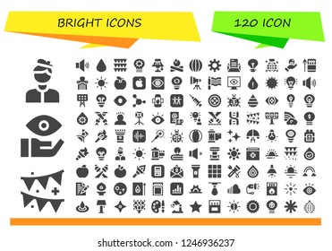 Vector icons pack of 120 filled bright icons. Simple modern icons about  - Artist, Garland, Eye, Volume, Blur, Garlands, Idea, Light, Campfire, Volleyball, Sun, Letter, Mirror ball