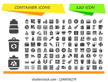 Vector icons pack of 120 filled container icons. Simple modern icons about  - Bottle, Can, Container, Water bottle, Package, Water, Spray, Portable fridge, Thermo, Soda, Jar, Skip