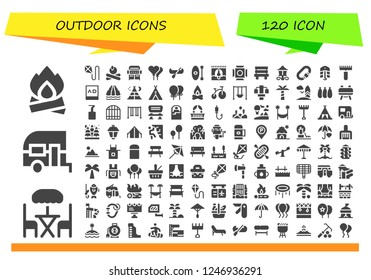 Vector icons pack of 120 filled outdoor icons. Simple modern icons about  - Bonfire, Terrace, Caravan, Kite, Campfire, Grill, Balloons, Canoe, Kayak, Bungee jumping, Scenic Illumination