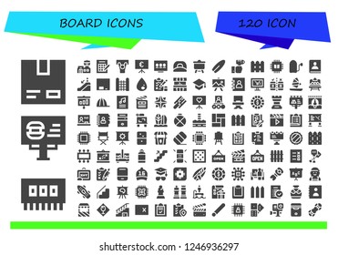 Vector icons pack of 120 filled board icons. Simple modern icons about  - Cardboard, Ram, Billboard, Airport, Bingo, Demonstration, Presentation, Cap, Canvas, Surfboard, Technology