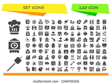 Vector icons pack of 120 filled set icons. Simple modern icons about  - Beer, Marshmallow, Big ben, Safebox, Turtle, Macaron, Handcuffs, Pharaoh, Compass, Cupid, Plastered arm