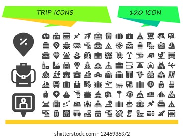 Vector icons pack of 120 filled trip icons. Simple modern icons about  - Pin, Location pin, Backpack, Suitcase, Briefcase, Bus stop, Paper plane, Bus, Luggage, Tent, Caravan, Baggage