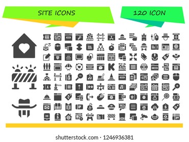 Vector icons pack of 120 filled site icons. Simple modern icons about  - Home, Hat, Barrier, Ticket, Browser, Www, Password, Giralda, Mouse, Scroll, Responsive, Ssl, Group, Web site