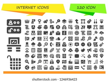 Vector icons pack of 120 filled internet icons. Simple modern icons about  - Access, Basket, Vanity, Placeholder, Speech, Location, Delivery, Camcorder, Zoom in, Layers, Malware