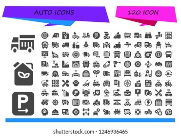 Vector Icons Pack Of 120 Filled Auto Icons. Simple Modern Icons About  - Garbage Truck, Parking, Fuel, Brake Disc, Caravan, Van, Truck, Flipdrive, Accident, Lorry, Trunk, Airbrush