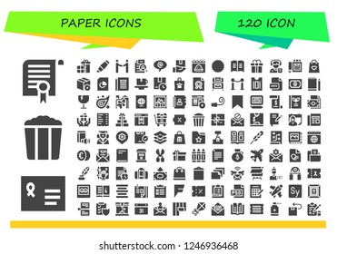 Vector icons pack of 120 filled paper icons. Simple modern icons about  - Certificate, Envelope, Popcorn, Presents, Highlighter, Agreement, Curriculum, Arroba, Package, Calendar