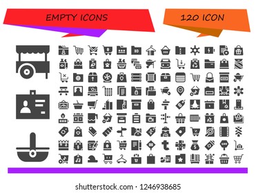 Vector icons pack of 120 filled empty icons. Simple modern icons about  - Cart, Basket, ID, Folder, Shopping cart, Hanger, Shopping basket, Sheriff, Battery, Bag, Shopping bag