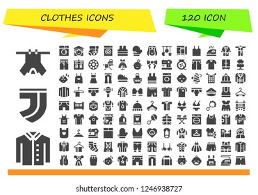 Vector icons pack of 120 filled clothes icons. Simple modern icons about  - Clothes, Shirt, Juventus, Laundry, Vietnamese, Socks, Washing machine, Sleeveless shirt, Mitten, Armenian