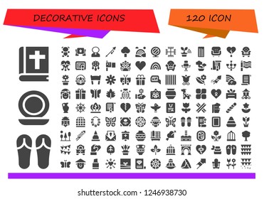 Vector icons pack of 120 filled decorative icons. Simple modern icons about  - Bible, Sandals, Mirror, Gummy bear, Banner, Priest, Lance, Tree, Rainbow, Gnosticism, Churros, Armchair