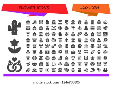 Vector icons pack of 120 filled flower icons. Simple modern icons about  - Cactus, Marriage, Flower, Plant, Honey, Butterfly, Growing plant, Gardener, Hamsa, Feeder, Chinese, Saint Patrick
